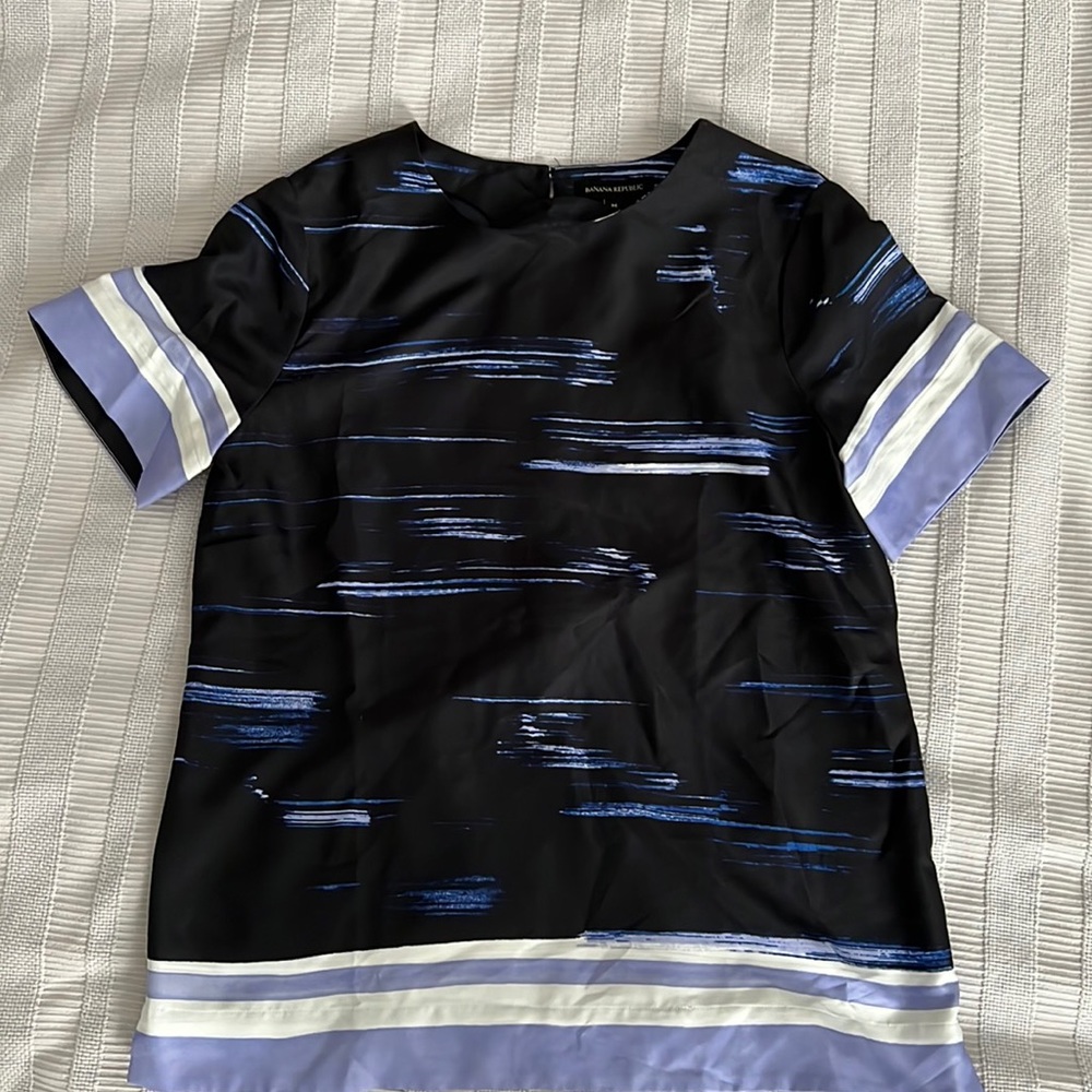 Navy and light blue watercolor striped silk top banana republic